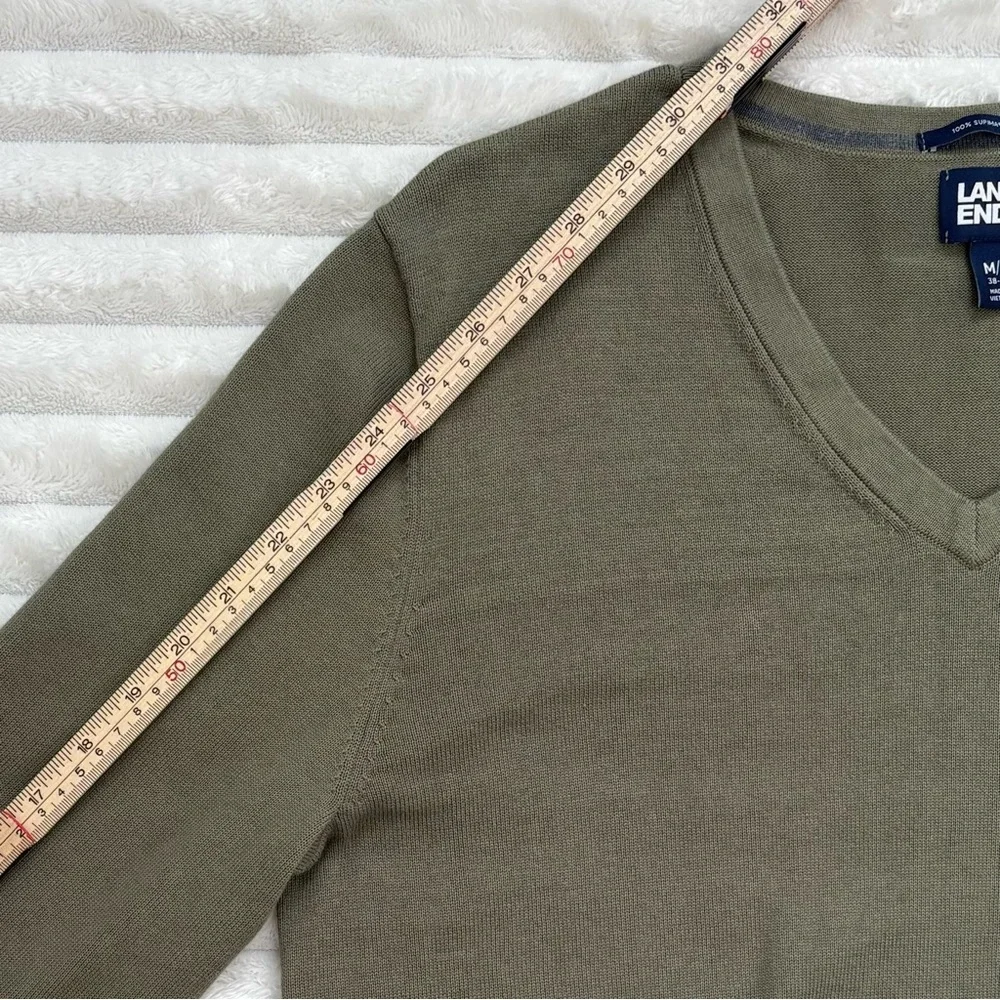 LANDS’ END Supima Cotton V Neck Sweater Olive Green Medium Tall Mens